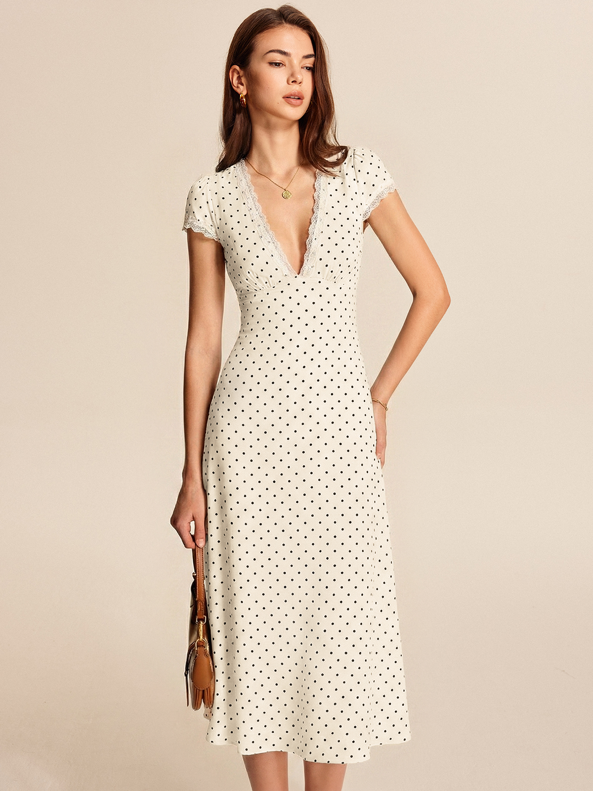 Polka Dot Lace Trim Midi Dress with Ruffle Detail