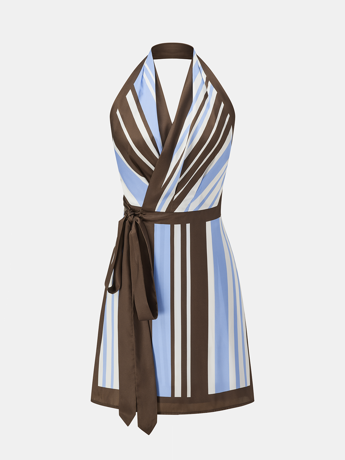 Halter Striped Satin Wrap Mini Dress for Women Summer Casual