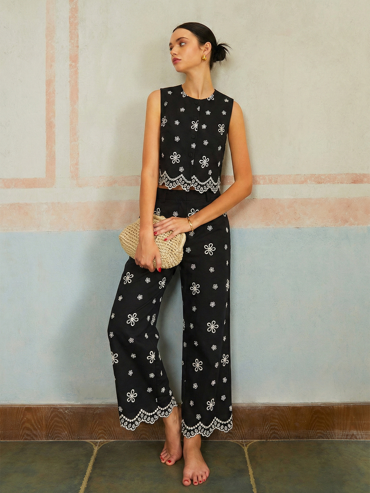 Embroidered Floral Cotton Top & Pants Set for Women Spring Outfit