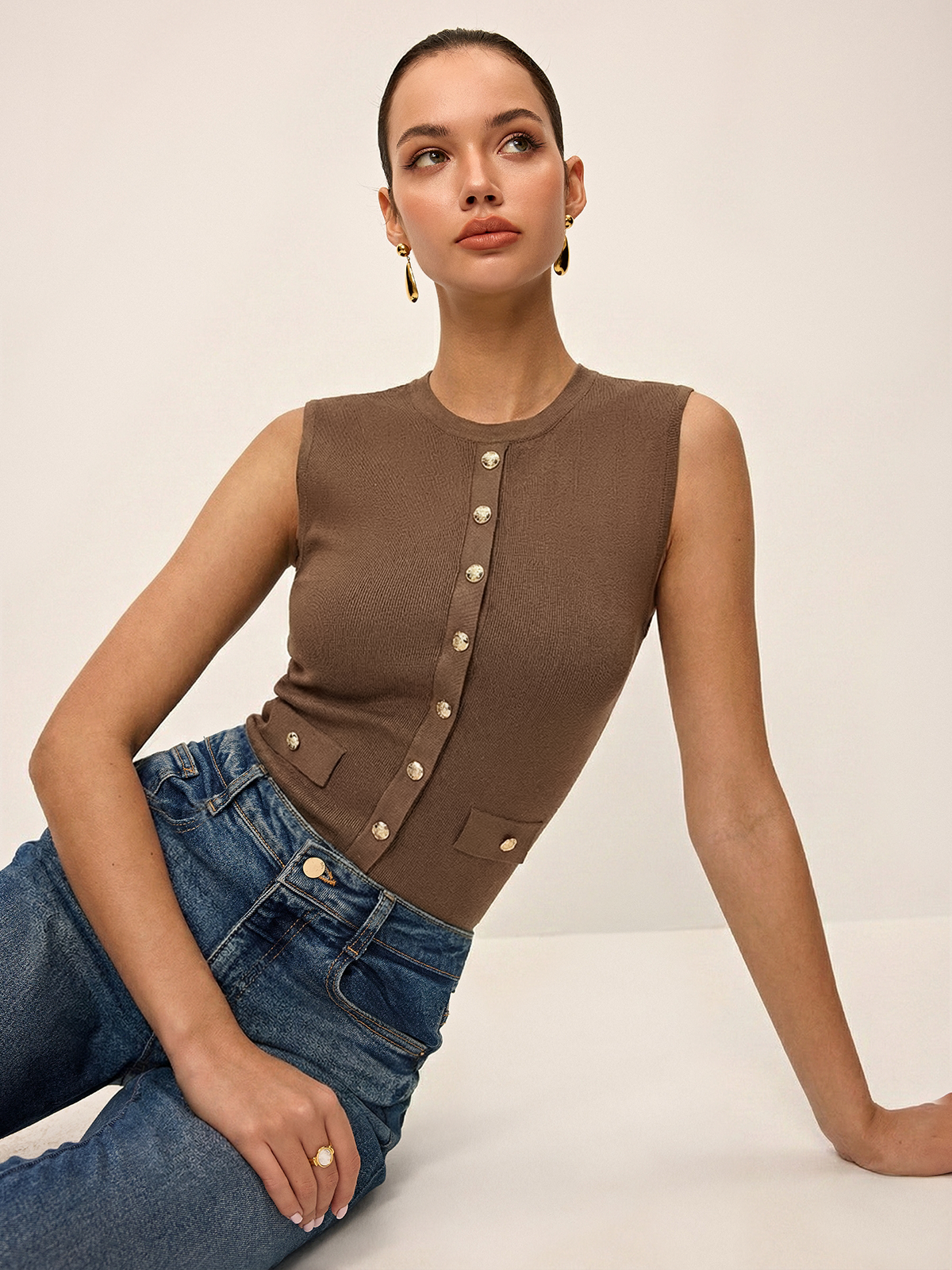 Metal Button Crew-Neck Sleeveless Knit Vest for Women Casual Summer Style