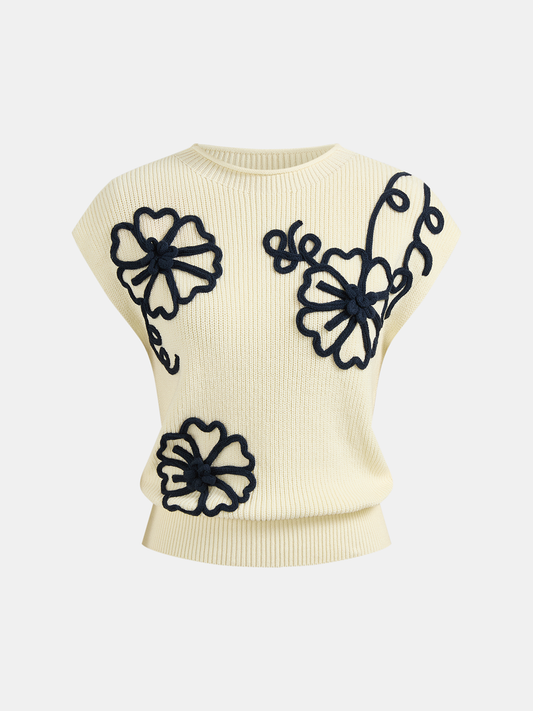 3D Floral Applique Ribbed Knit Vest for Women, Trendy Layered Top
