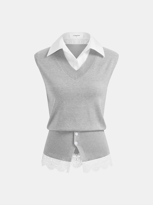 2 in 1 Collared Lace Hem Knit Vest Stylish Layered Look Pullover