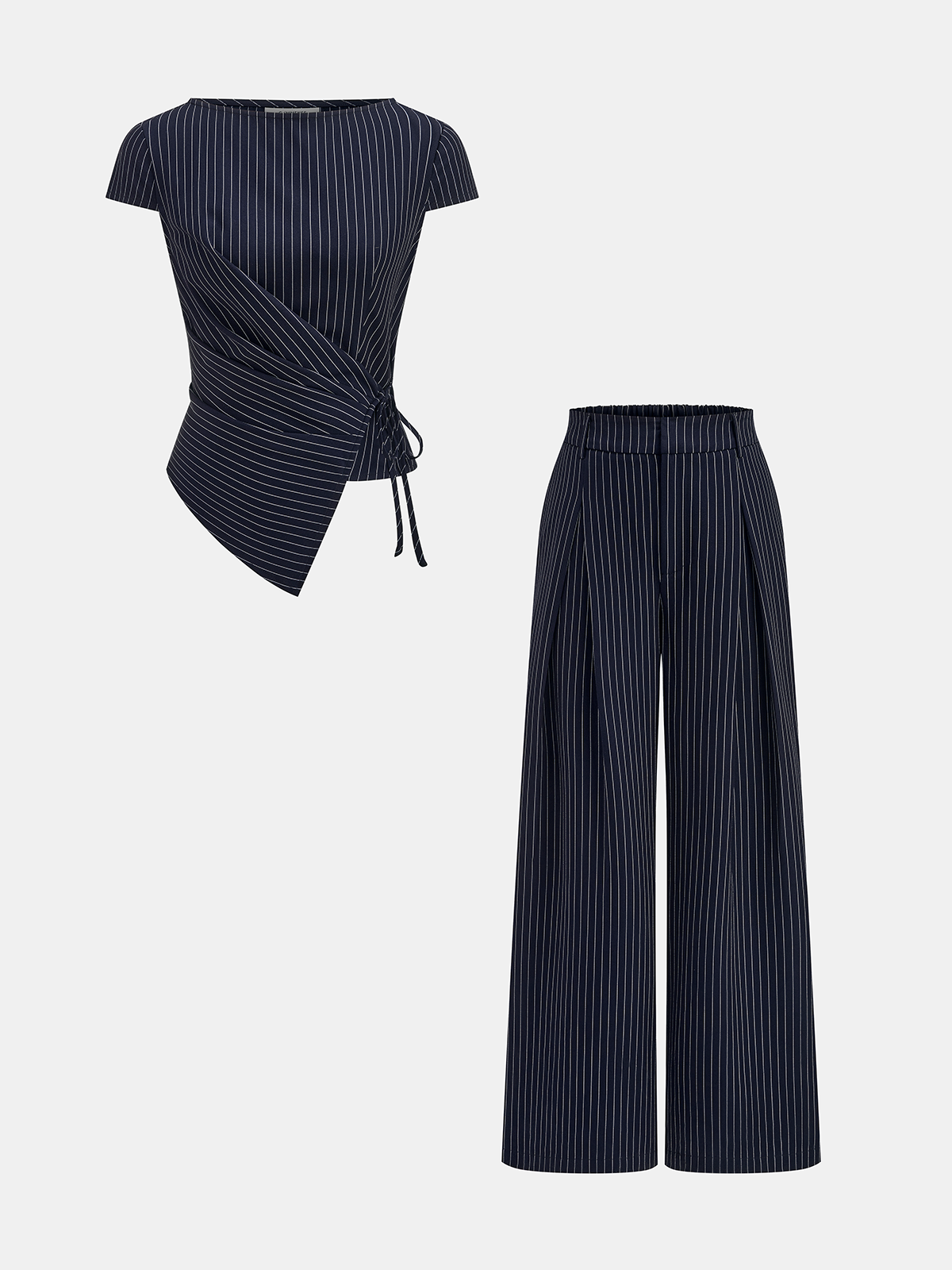 Pinstripe Wrap Tie Top & Wide-Leg Pants Set for Women in Classic Style