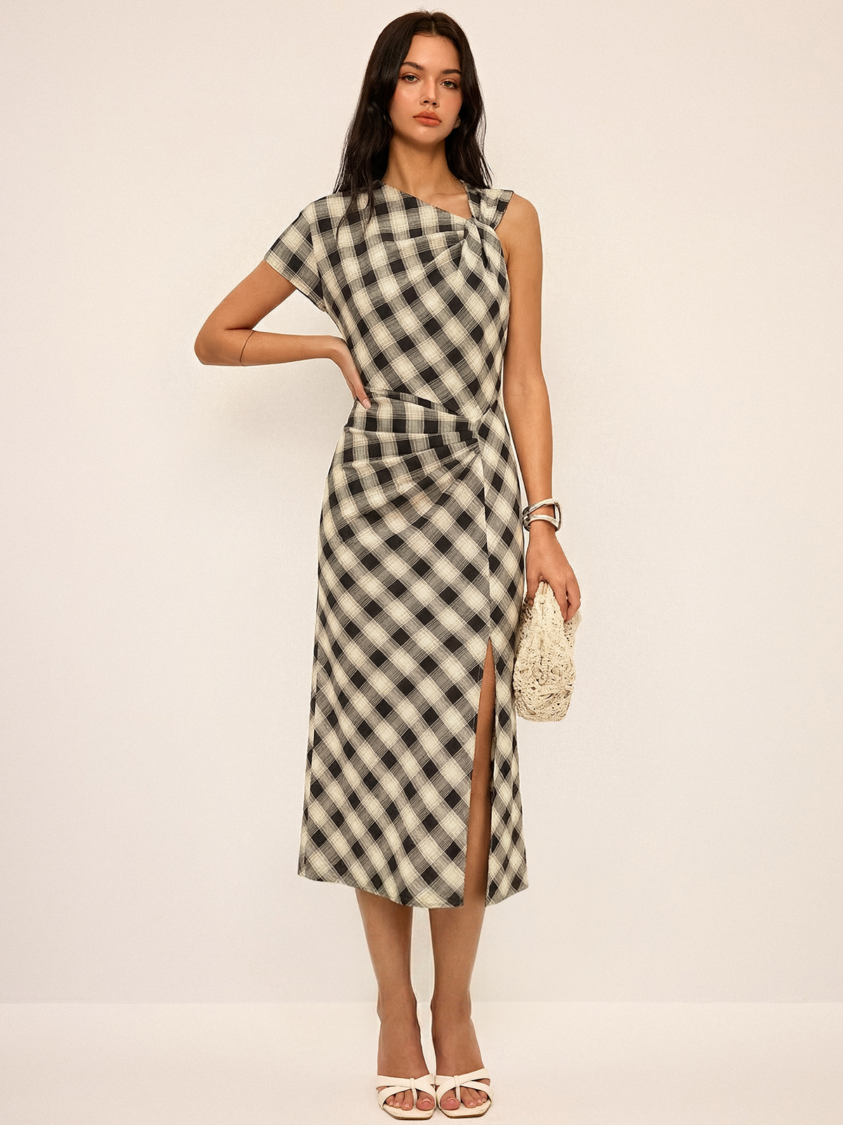 Plaid Asymmetric Slit Maxi Dress with Long Sleeves and Belt