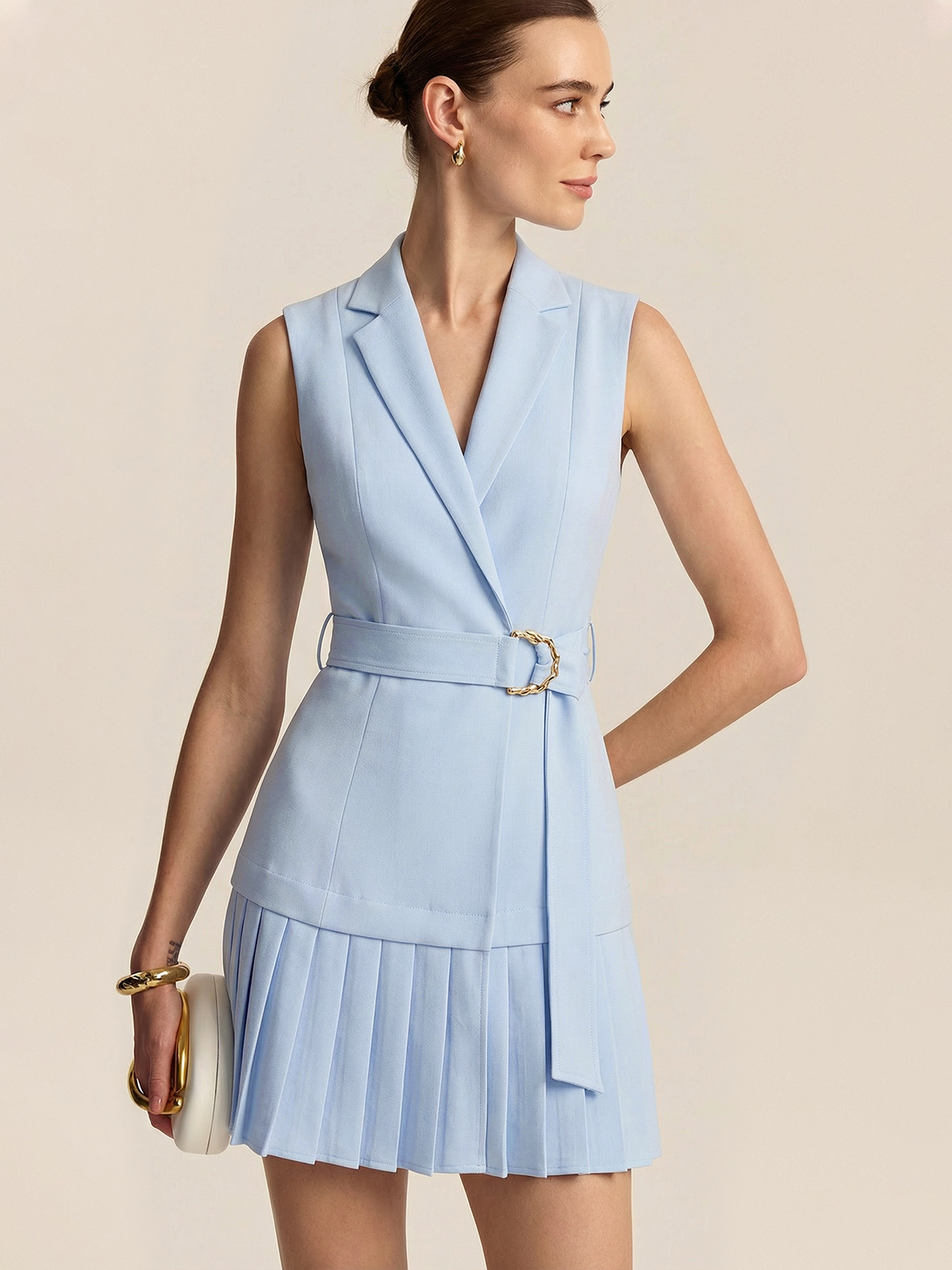 Belted Pleated Sleeveless Blazer Mini Dress for Women's Fashion