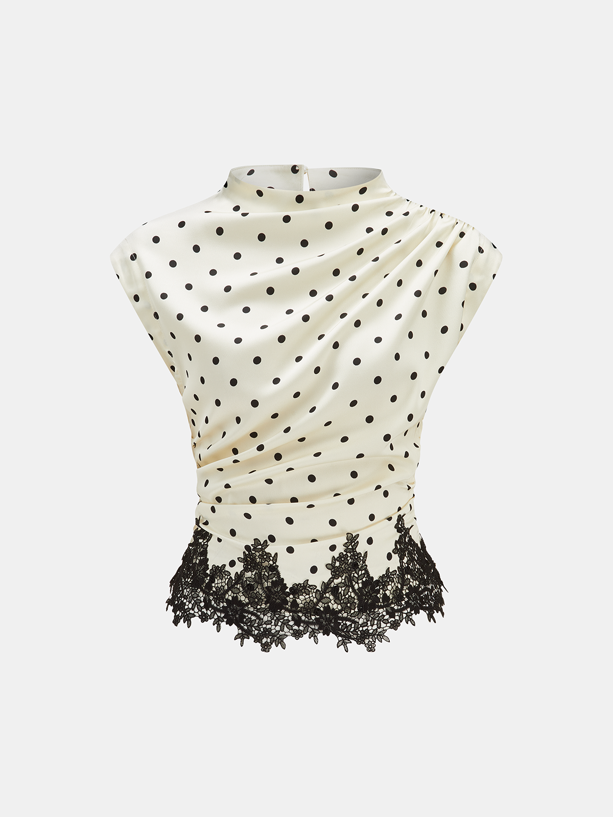 Polka Dot Ruched Lace Hem Sleeveless Blouse Women's Casual Fashion Top