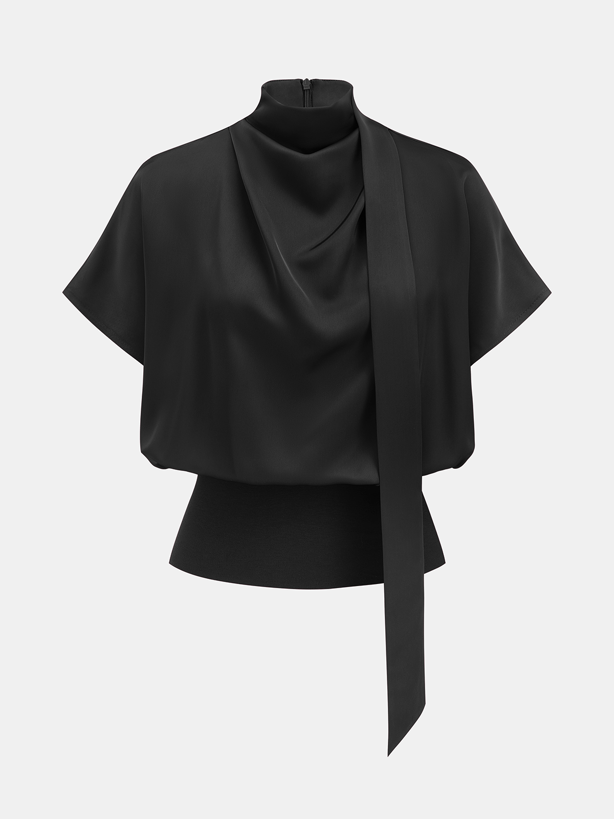 Draped Satin Mock Neck Blouse with Tie for Women, Elegant Long Sleeve Top
