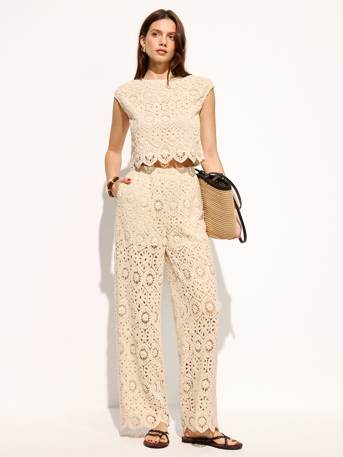 Crochet Sleeveless Crop Top & Pants Set for Women Summer Fashion