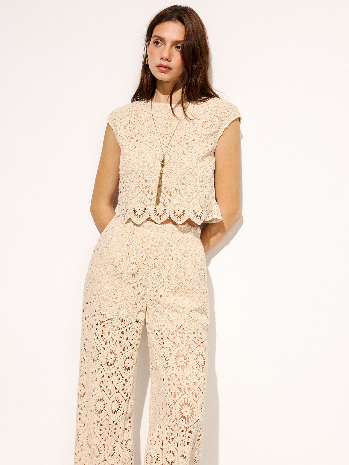 Crochet Sleeveless Crop Top & Pants Set for Women Summer Fashion