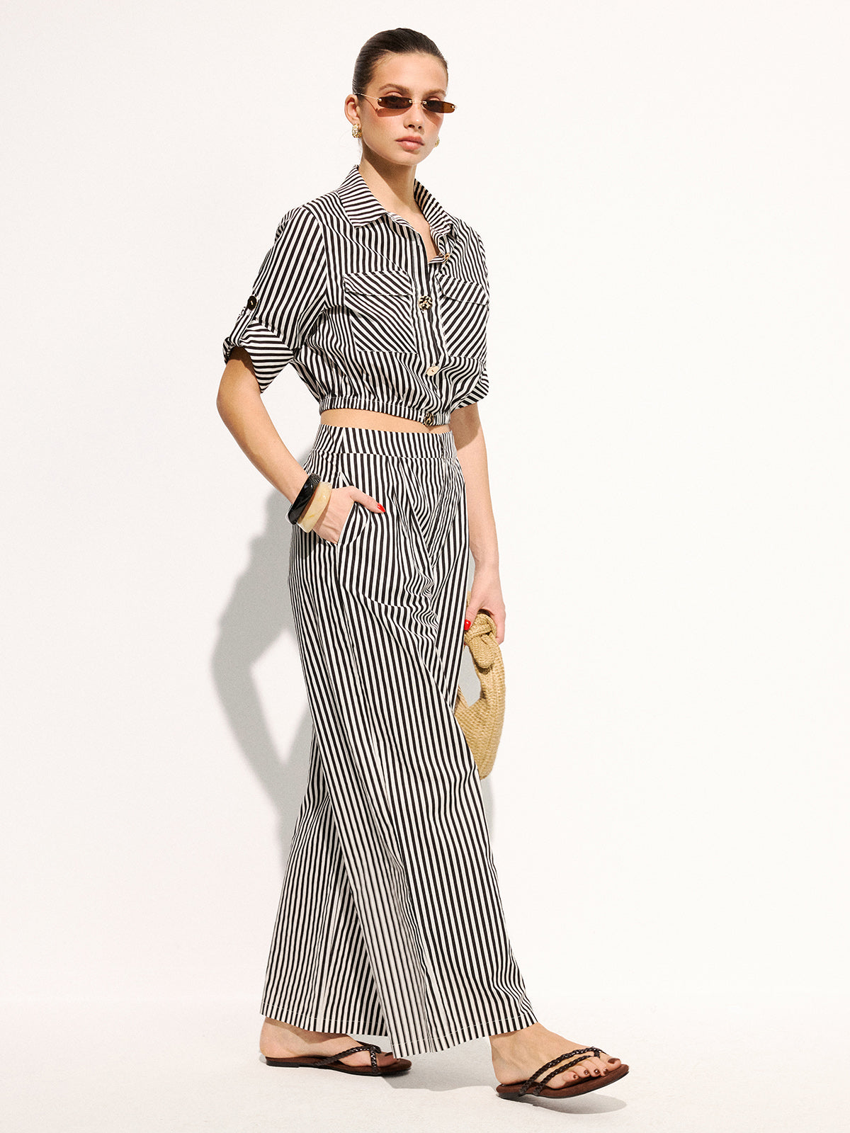 Striped Cropped Shirt & Wide Leg Pants Set for Summer Casual Wear