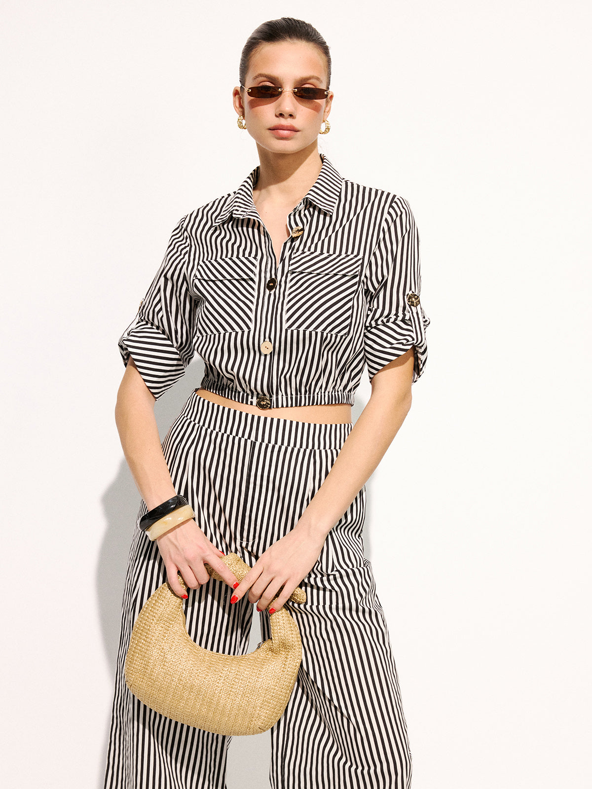 Striped Cropped Shirt & Wide Leg Pants Set for Summer Casual Wear