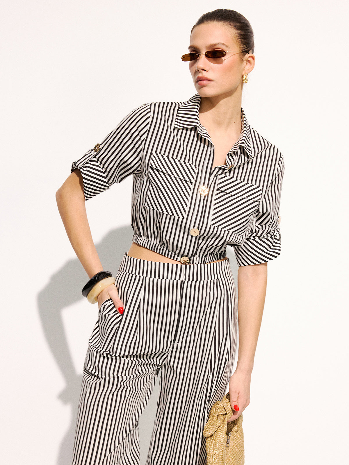 Striped Cropped Shirt & Wide Leg Pants Set for Summer Casual Wear