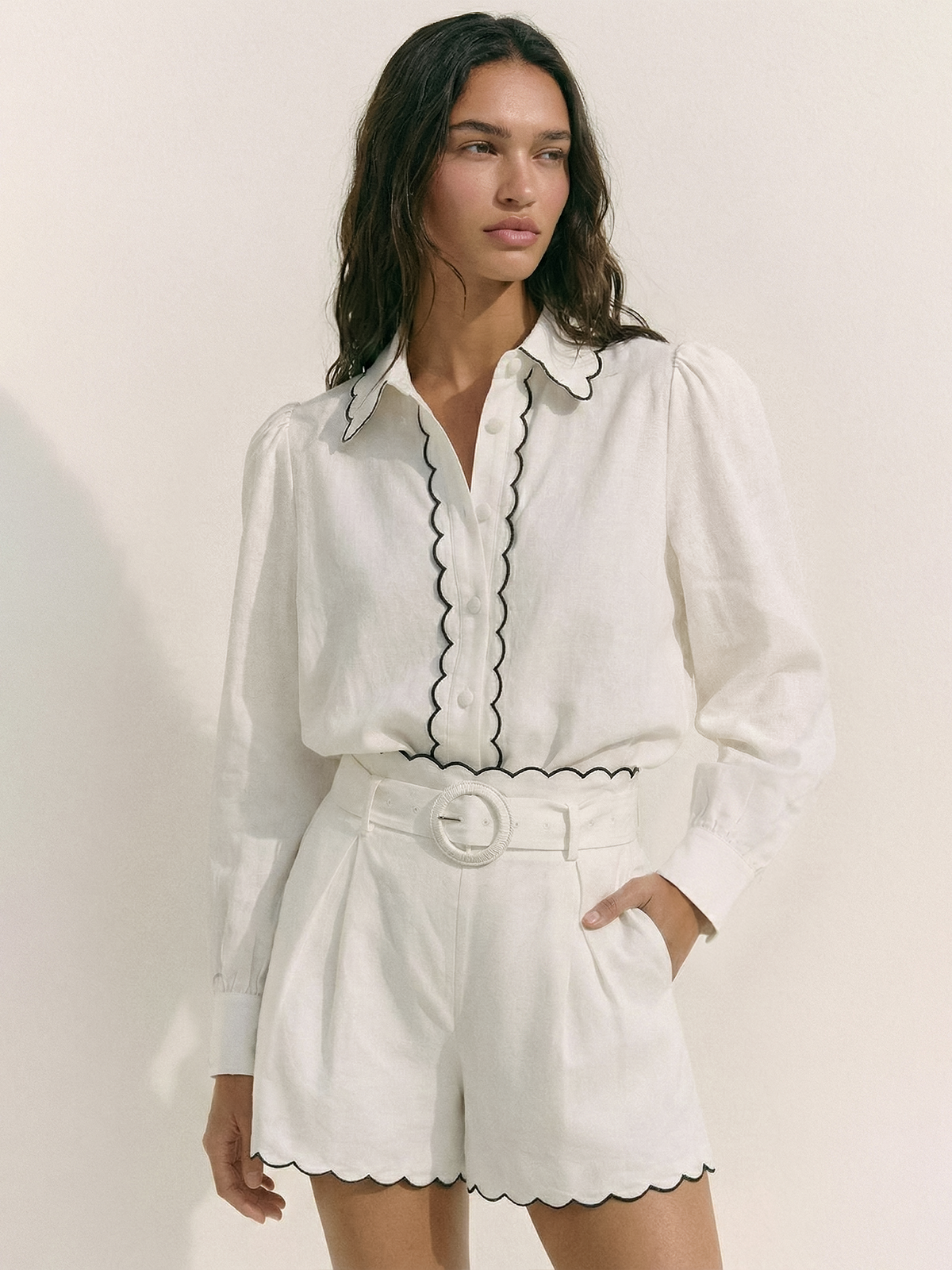 Cotton Scallop Trim Shirt & Shorts Set for Summer Comfort