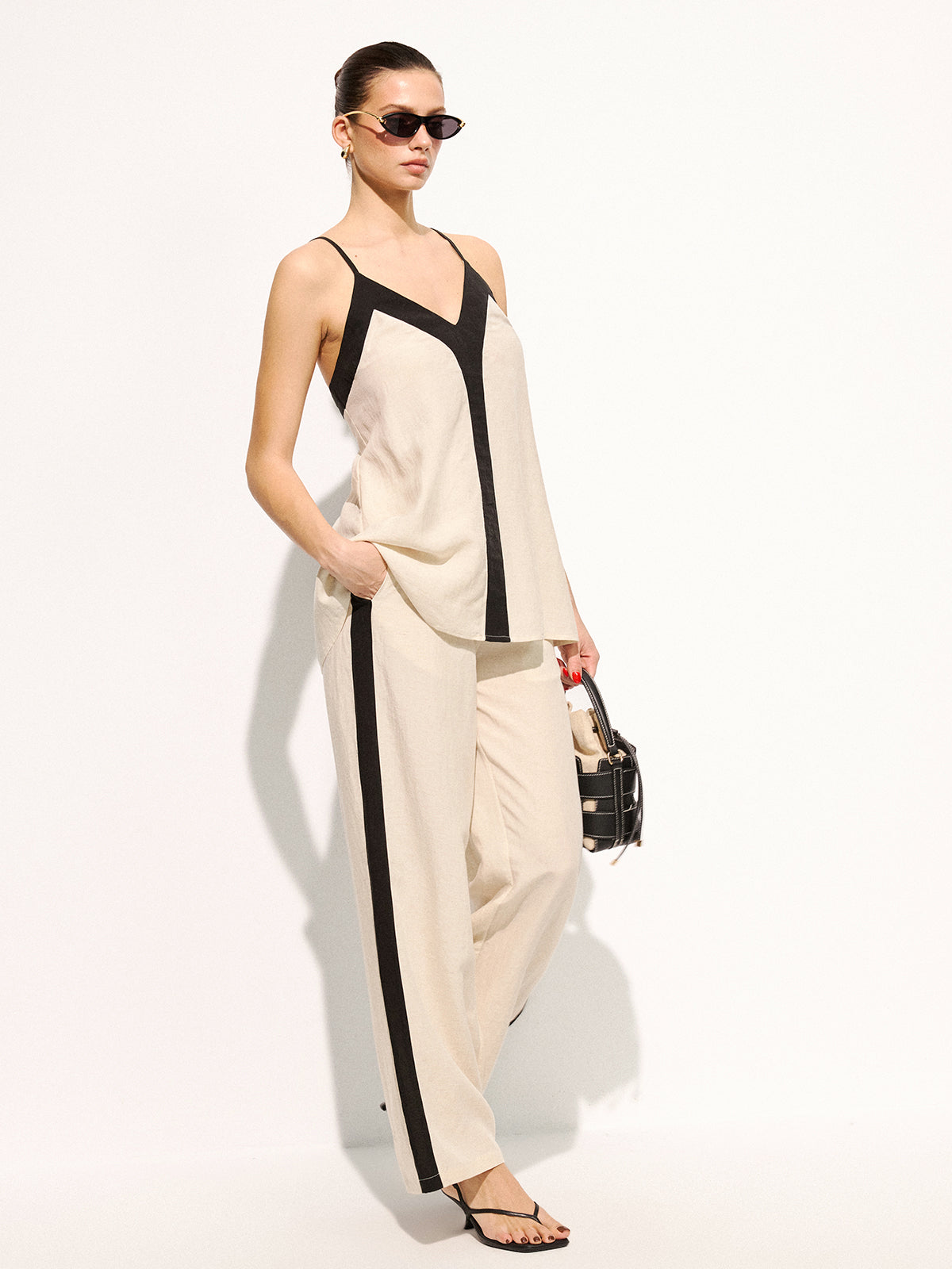 Cotton Linen Contrast Trim Cami Top & Pants Set, Casual Summer Outfit