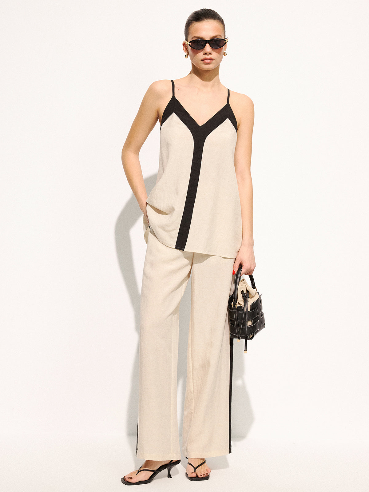 Cotton Linen Contrast Trim Cami Top & Pants Set, Casual Summer Outfit