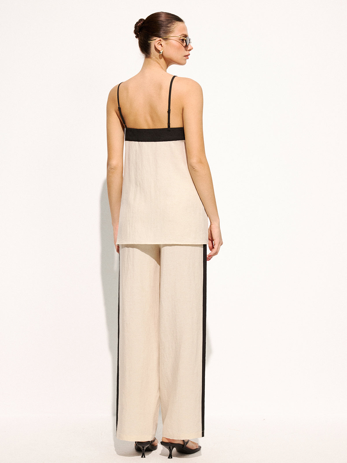 Cotton Linen Contrast Trim Cami Top & Pants Set, Casual Summer Outfit