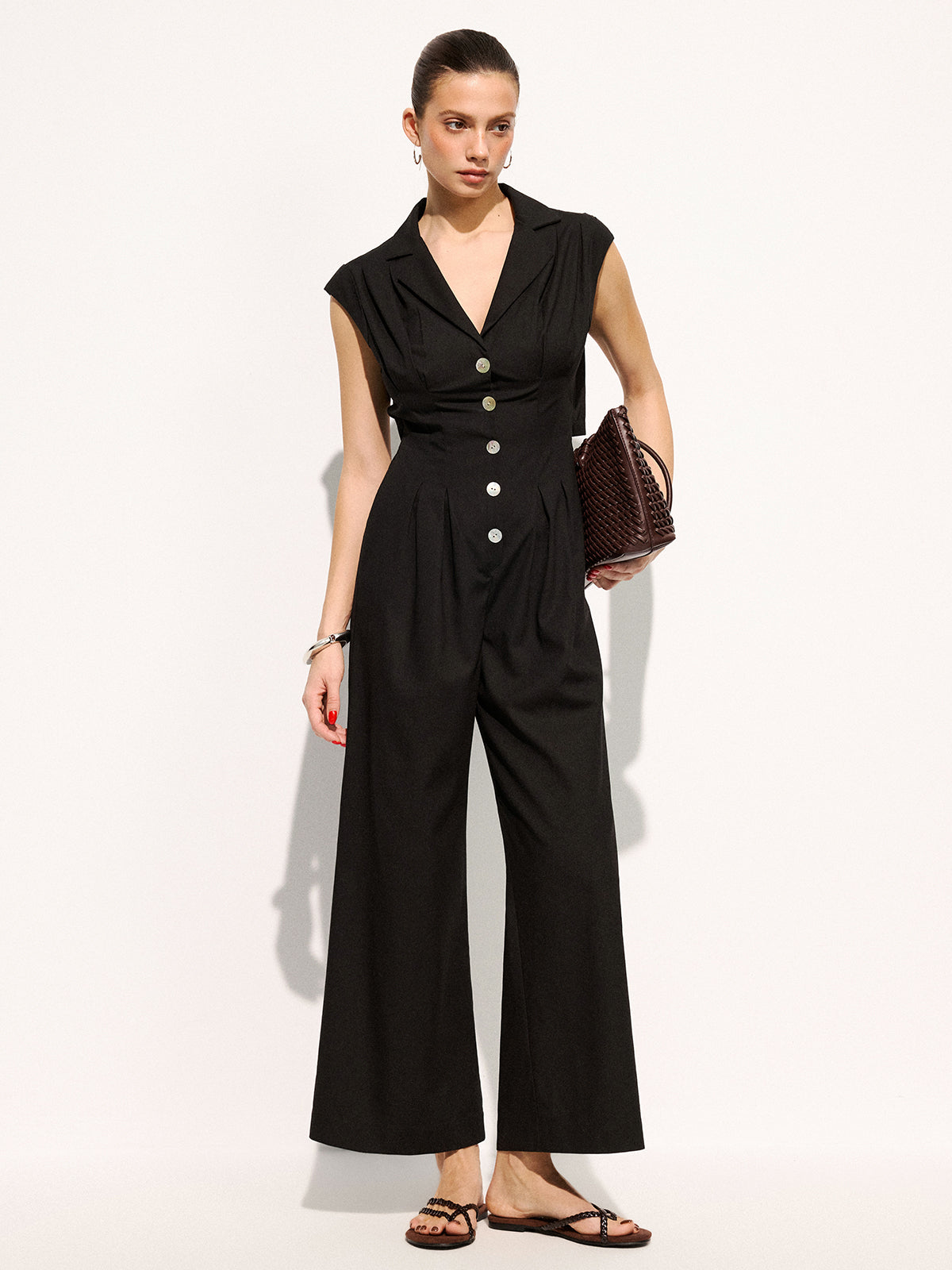 Linen Blend Sleeveless Lapel Wide Leg Jumpsuit for Women Summer Casual