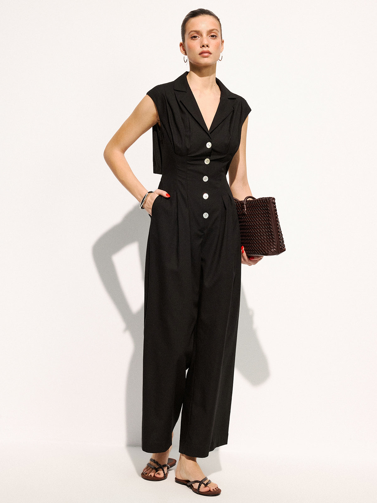 Linen Blend Sleeveless Lapel Wide Leg Jumpsuit for Women Summer Casual