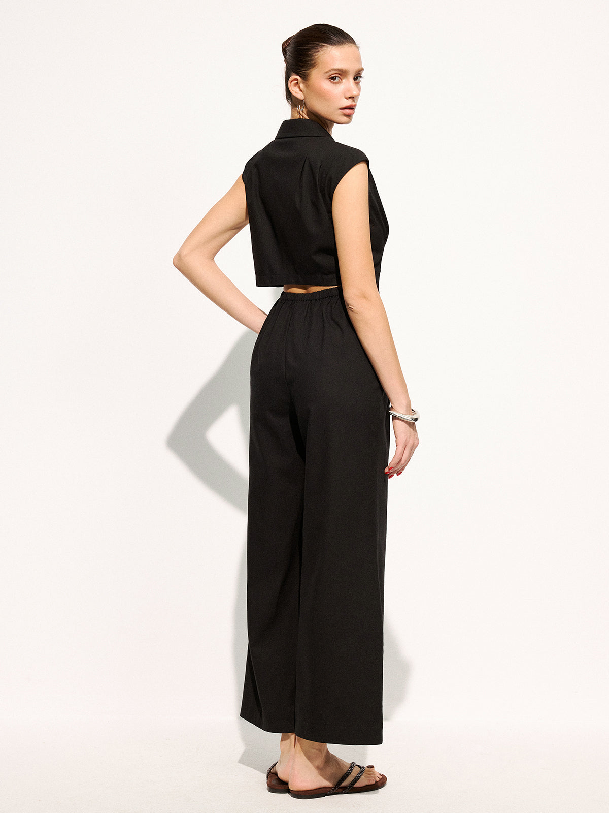 Linen Blend Sleeveless Lapel Wide Leg Jumpsuit for Women Summer Casual