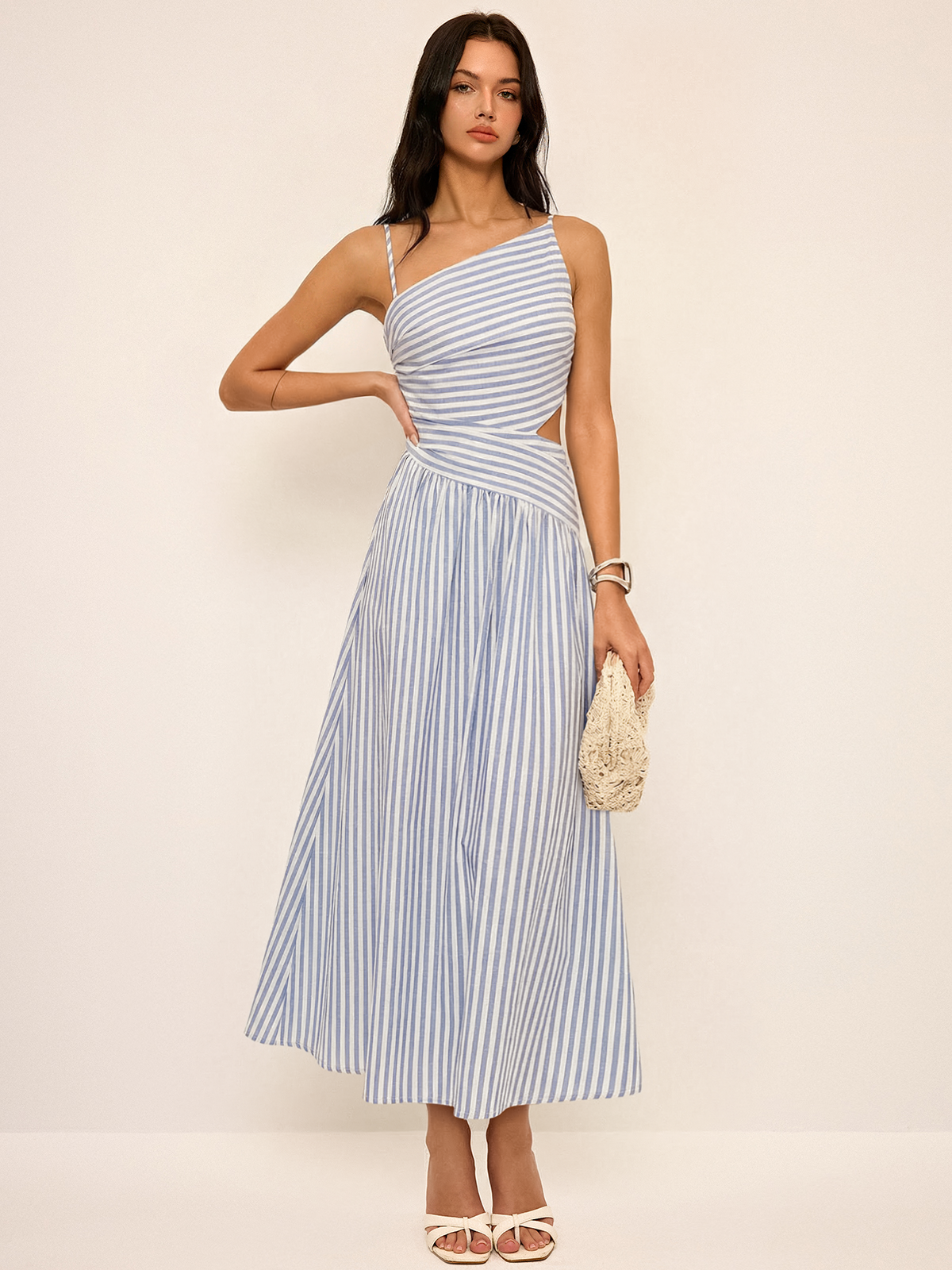 Striped Cut-Out Asymmetric Cami Maxi Dress for Summer Evenings