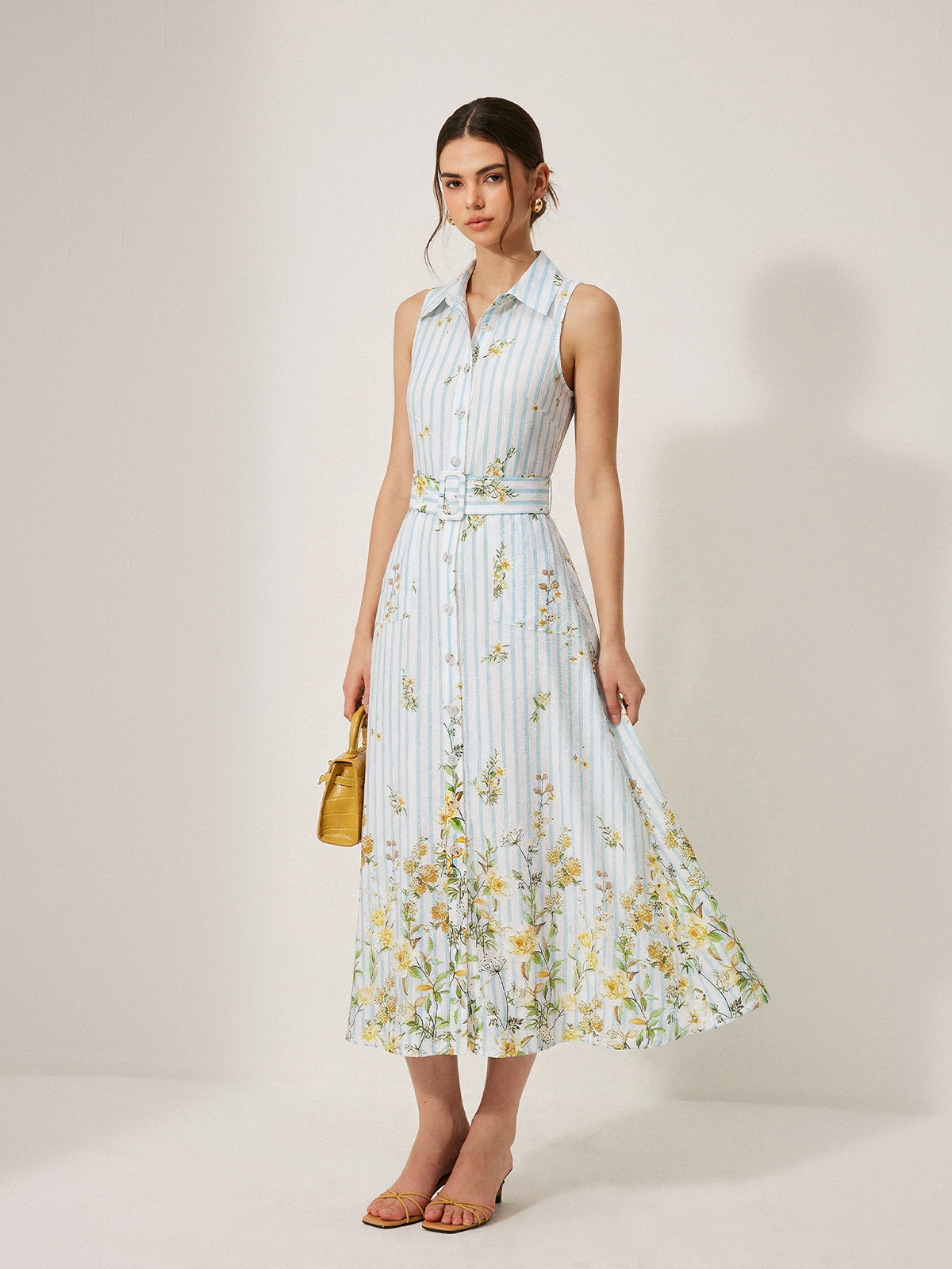 Floral Striped Sleeveless Belted Midi Dress for Women Casual Summer