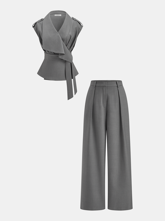 Wrap Front Fitted Top & Pleated Pants Set for Women, Elegant Outfit