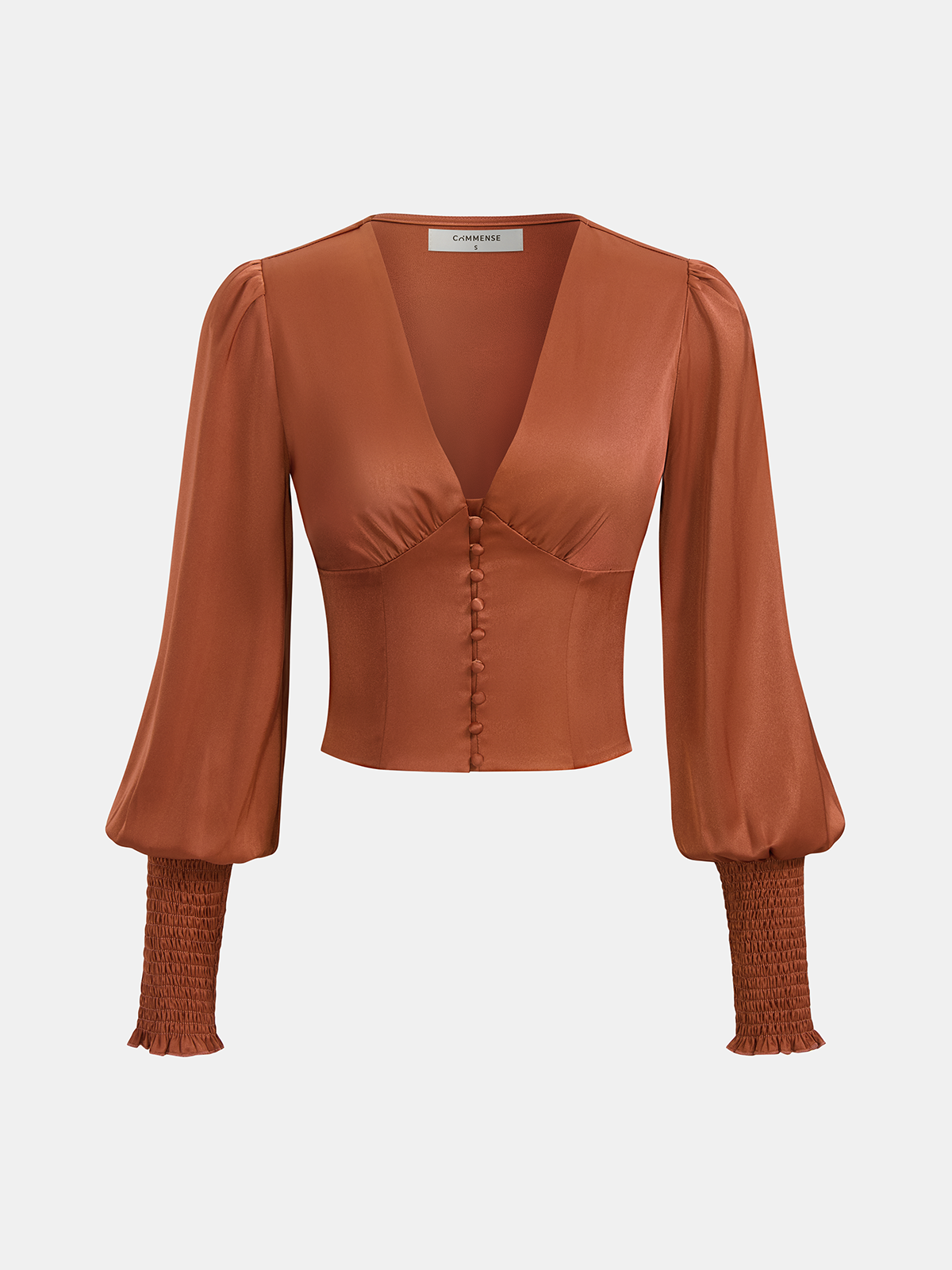 Smocked Satin V-Neck Puff Sleeve Blouse Women's Elegant Tops