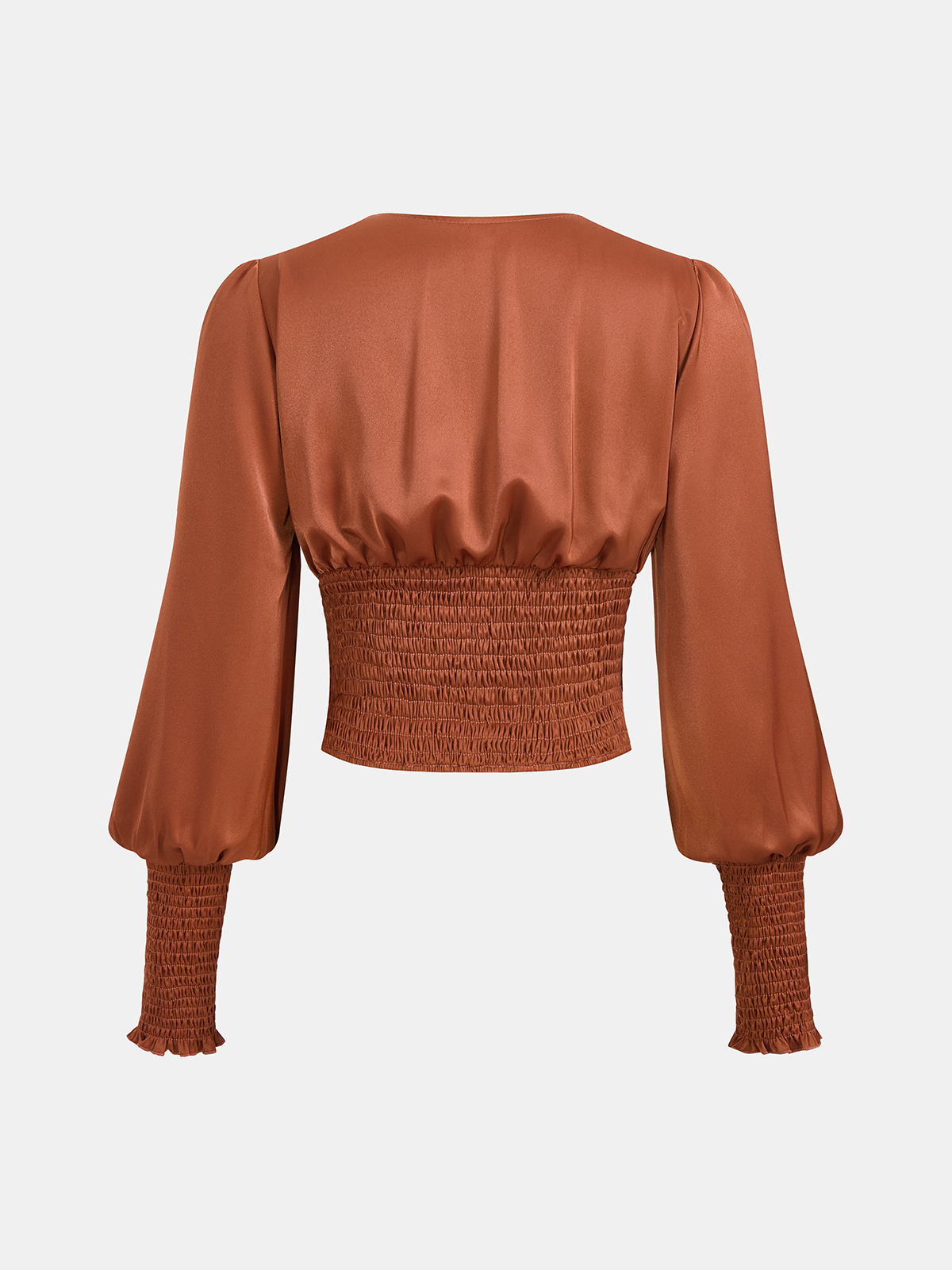 Smocked Satin V-Neck Puff Sleeve Blouse Women's Elegant Tops