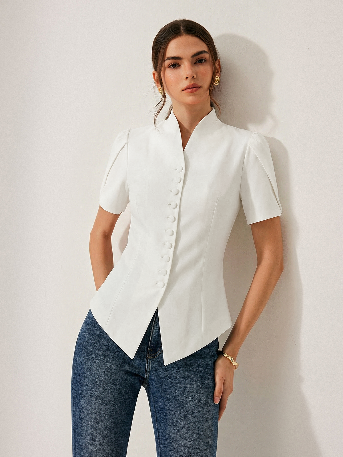 Short Sleeve Stand Collar Buttoned Slim Blouse for Office Wear Women