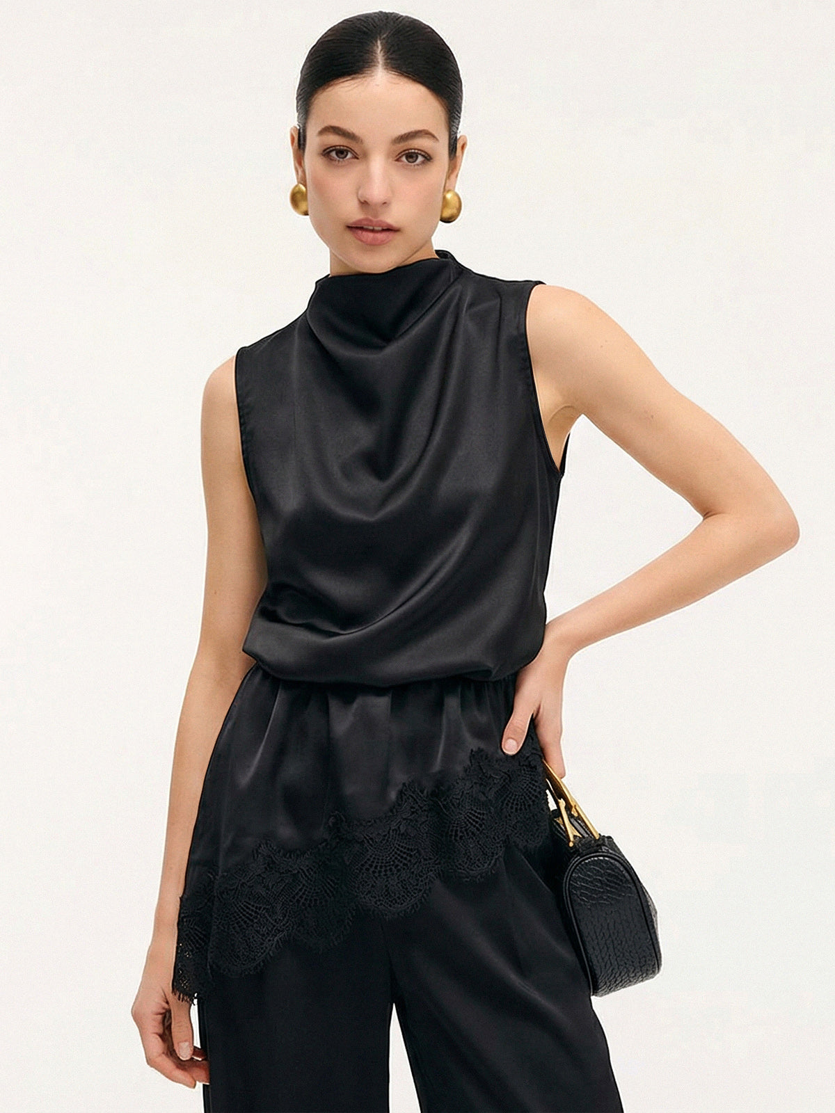 Lace Trim Satin Sleeveless Blouse Elegant Casual Summer Top