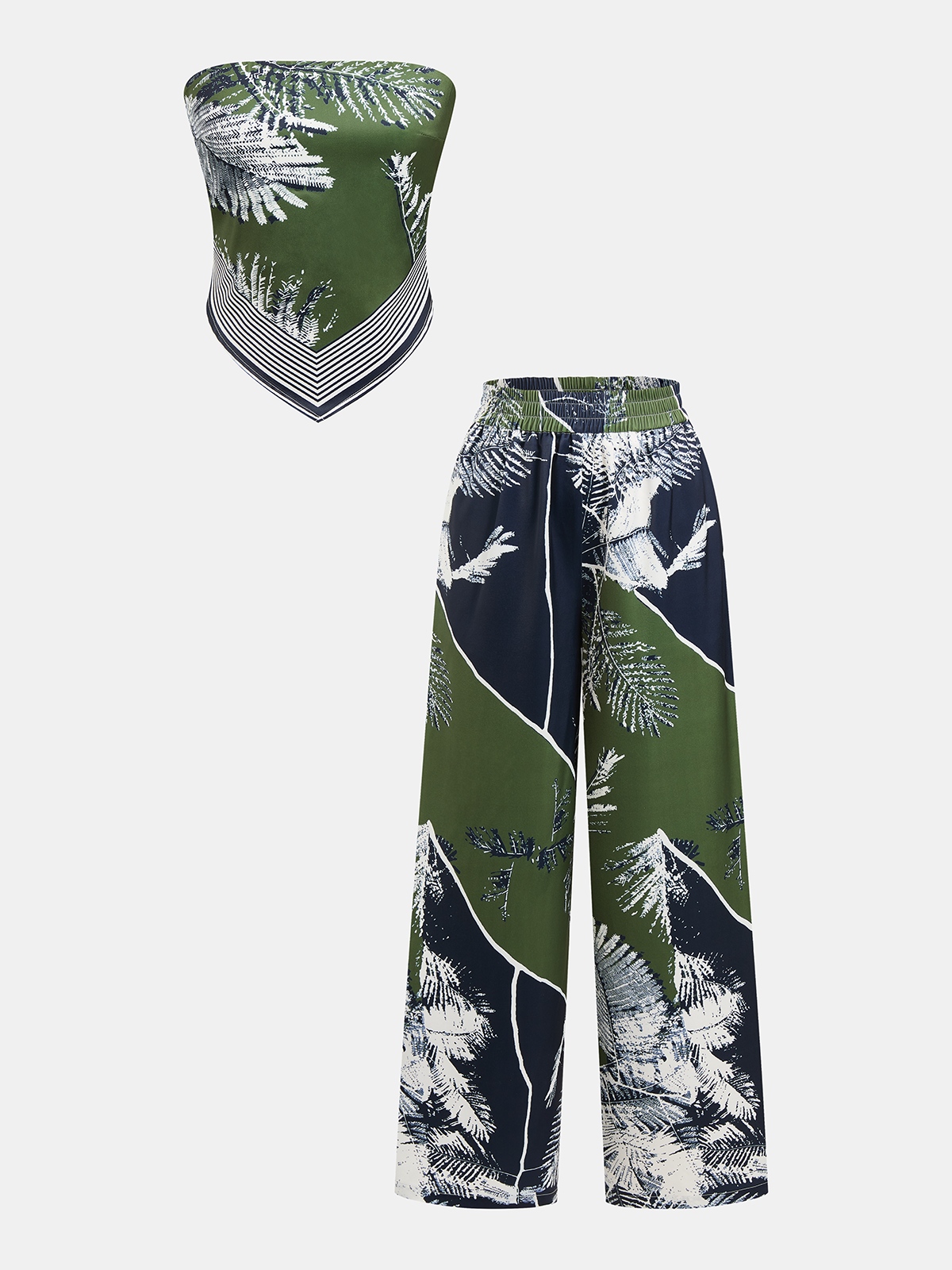 Leaf Print Strapless Top & Pants Set with Elastic Waistband