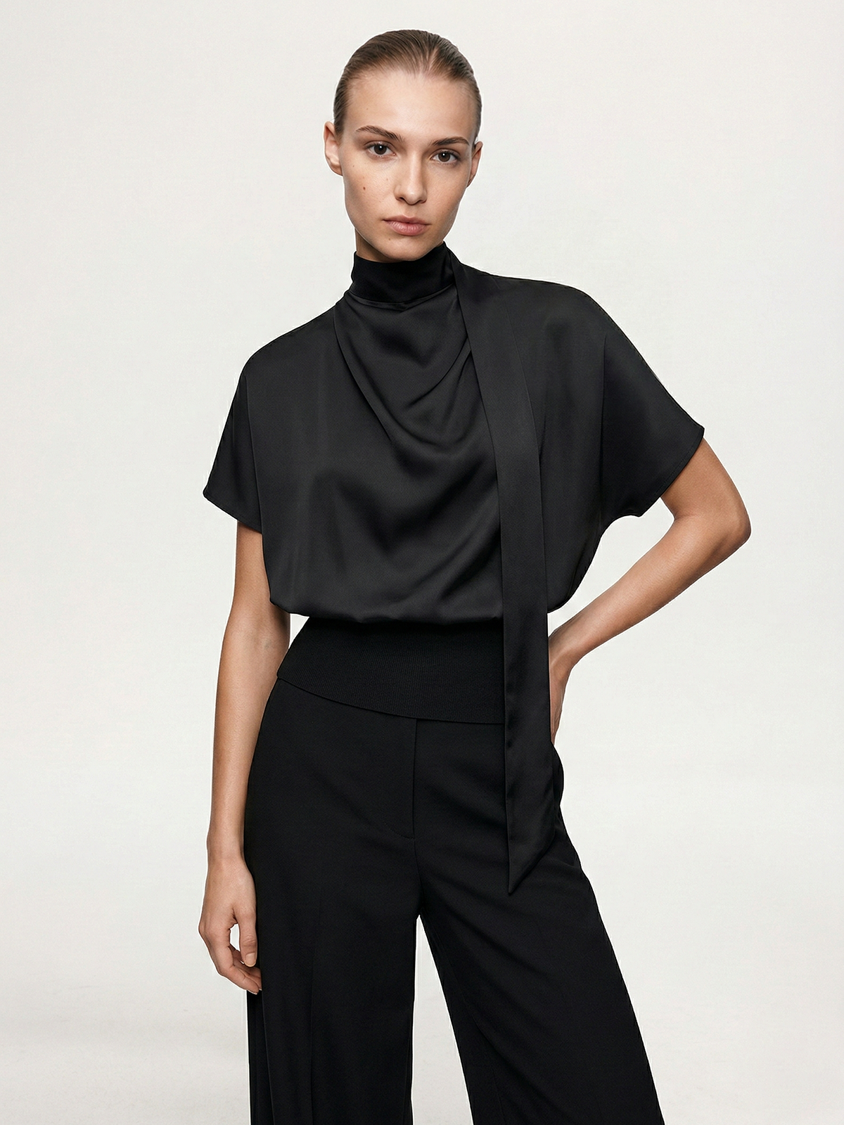 Draped Satin Mock Neck Blouse with Tie for Women, Elegant Long Sleeve Top