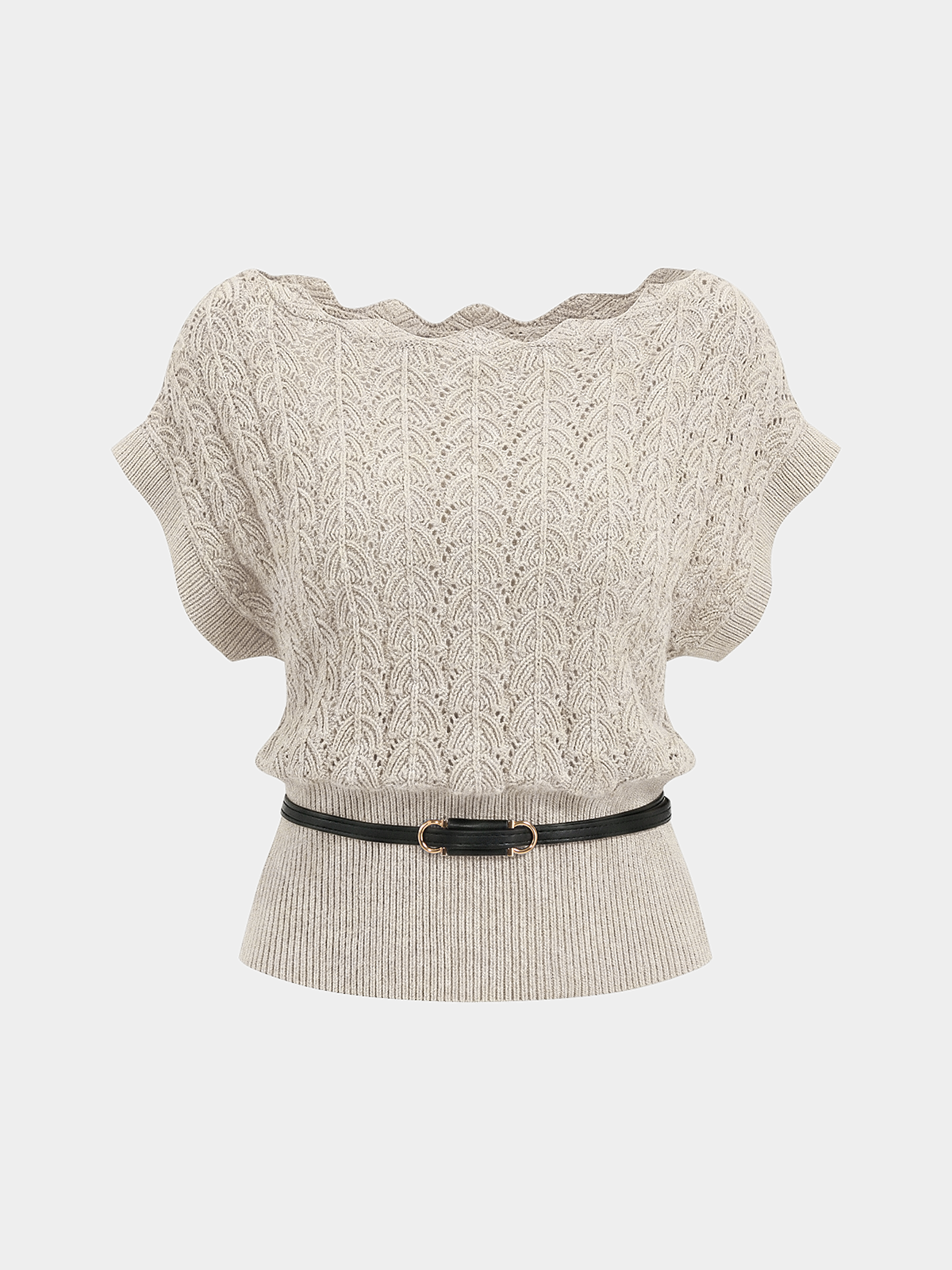 Scalloped Neck Belted Knit Top for Women Casual Wear
