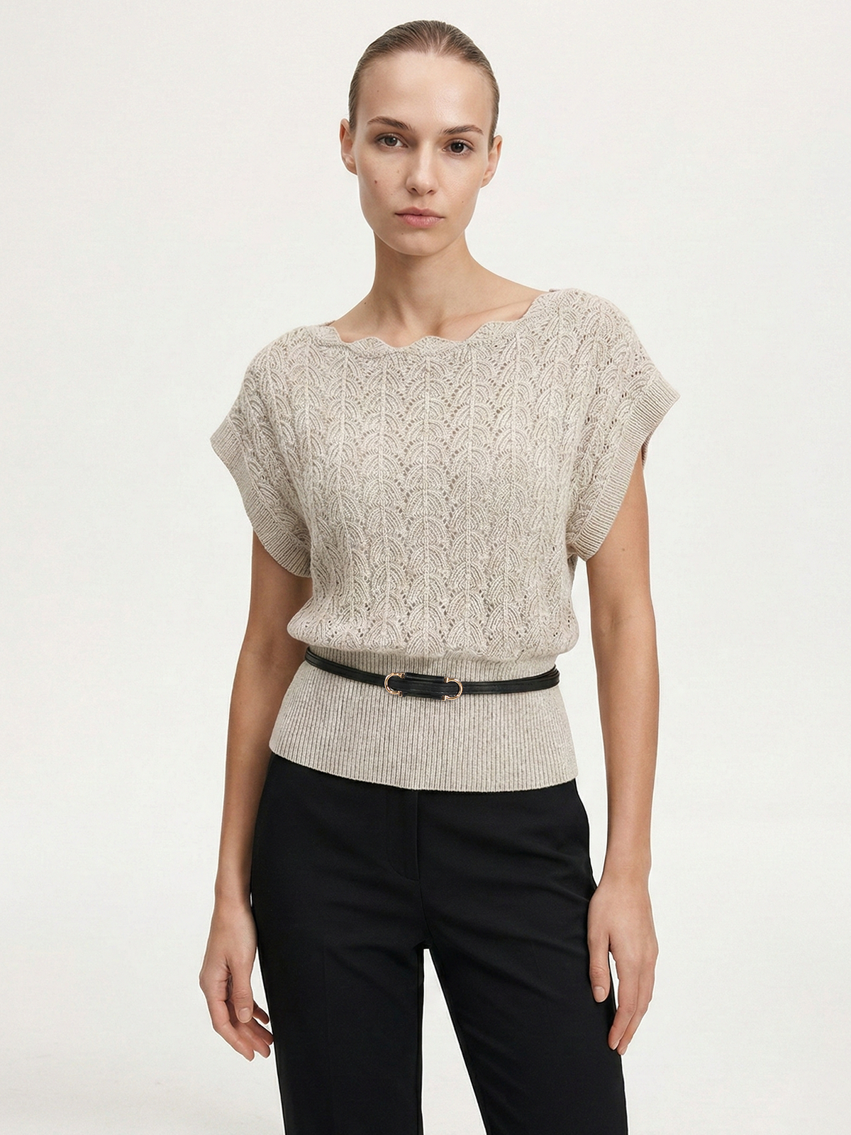 Scalloped Neck Belted Knit Top for Women Casual Wear