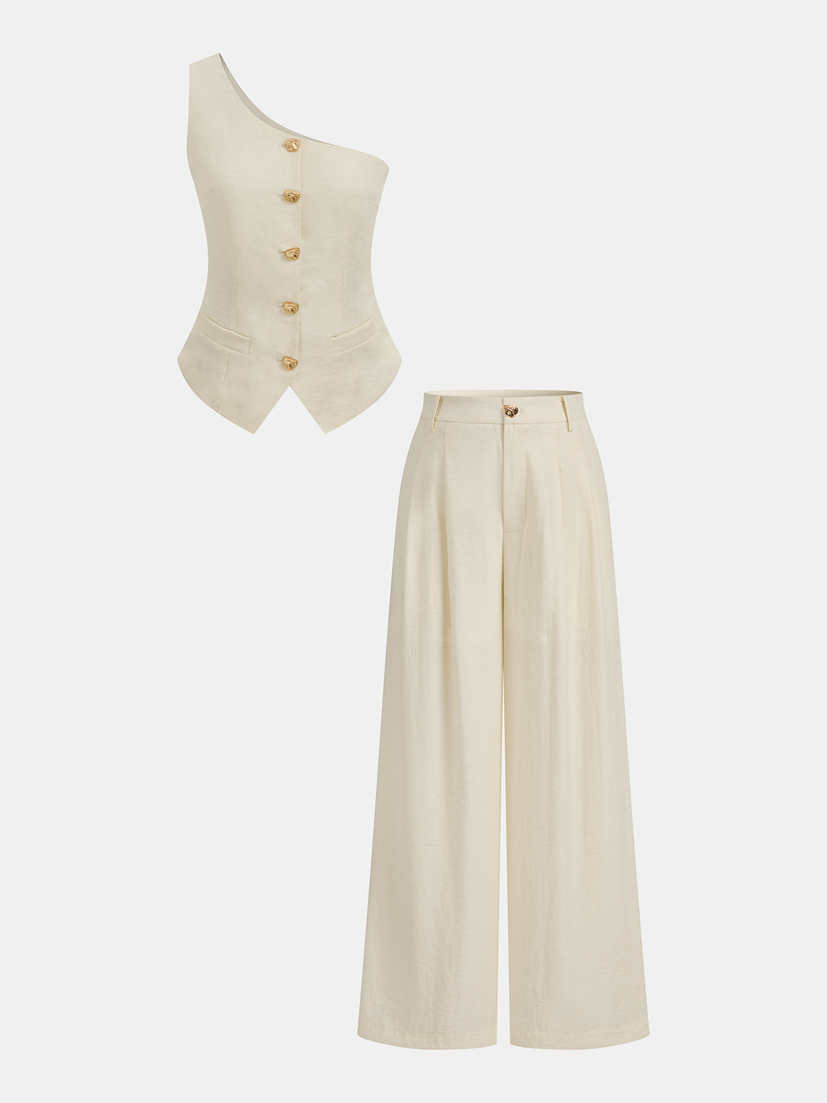 One Shoulder Metal Button Vest & Pants Set with Belt Detail
