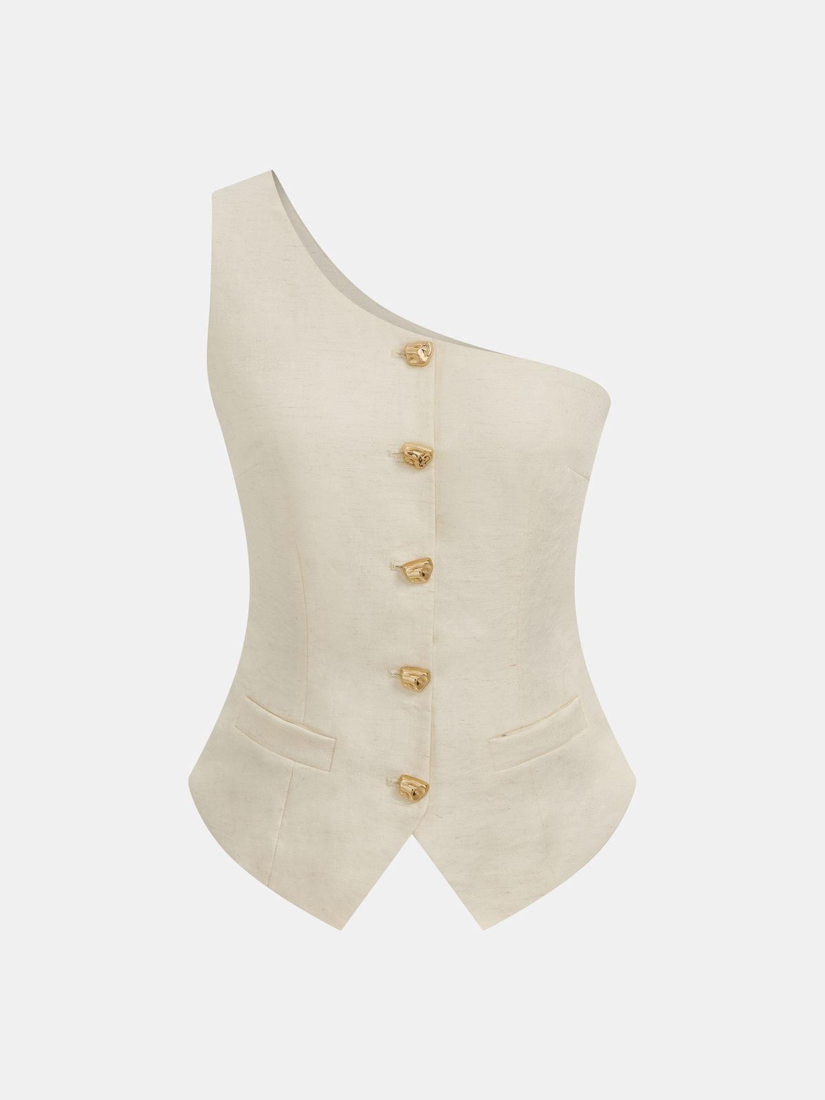 One Shoulder Metal Button Vest & Pants Set with Belt Detail