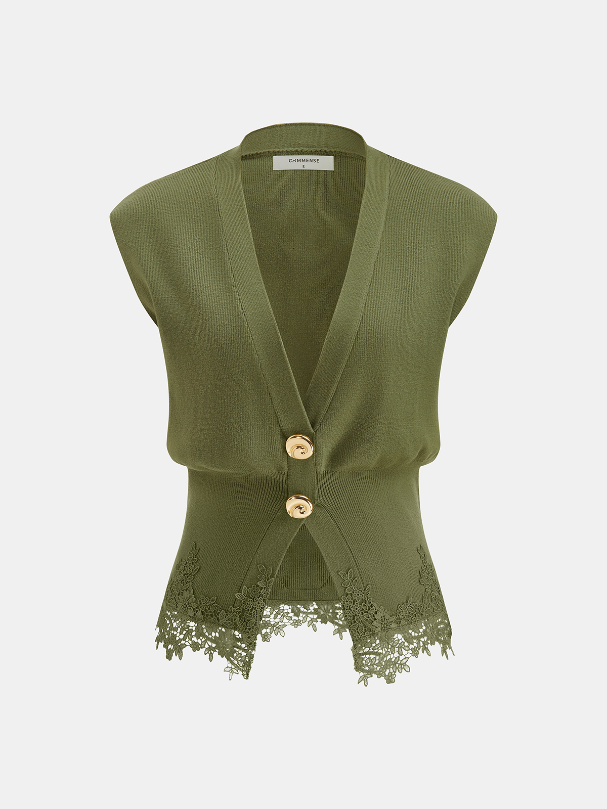 Lace Trim Metal Button V-Neck Knit Vest Stylish Casual Sleeveless Top