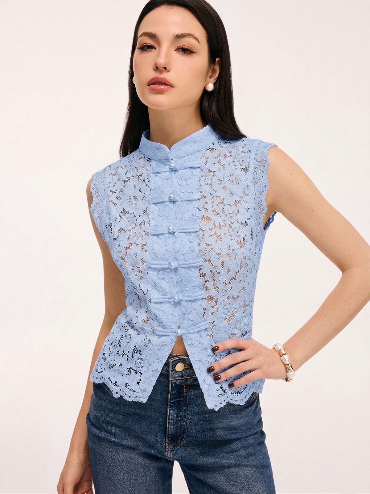 Lace Mandarin Collar Sleeveless Top Women's Elegant Pearl Button Blouse