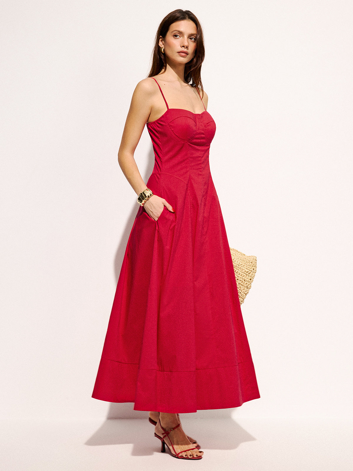 Cotton Blend Pocketed Cami Flared Maxi Dress for Women Casual Summer