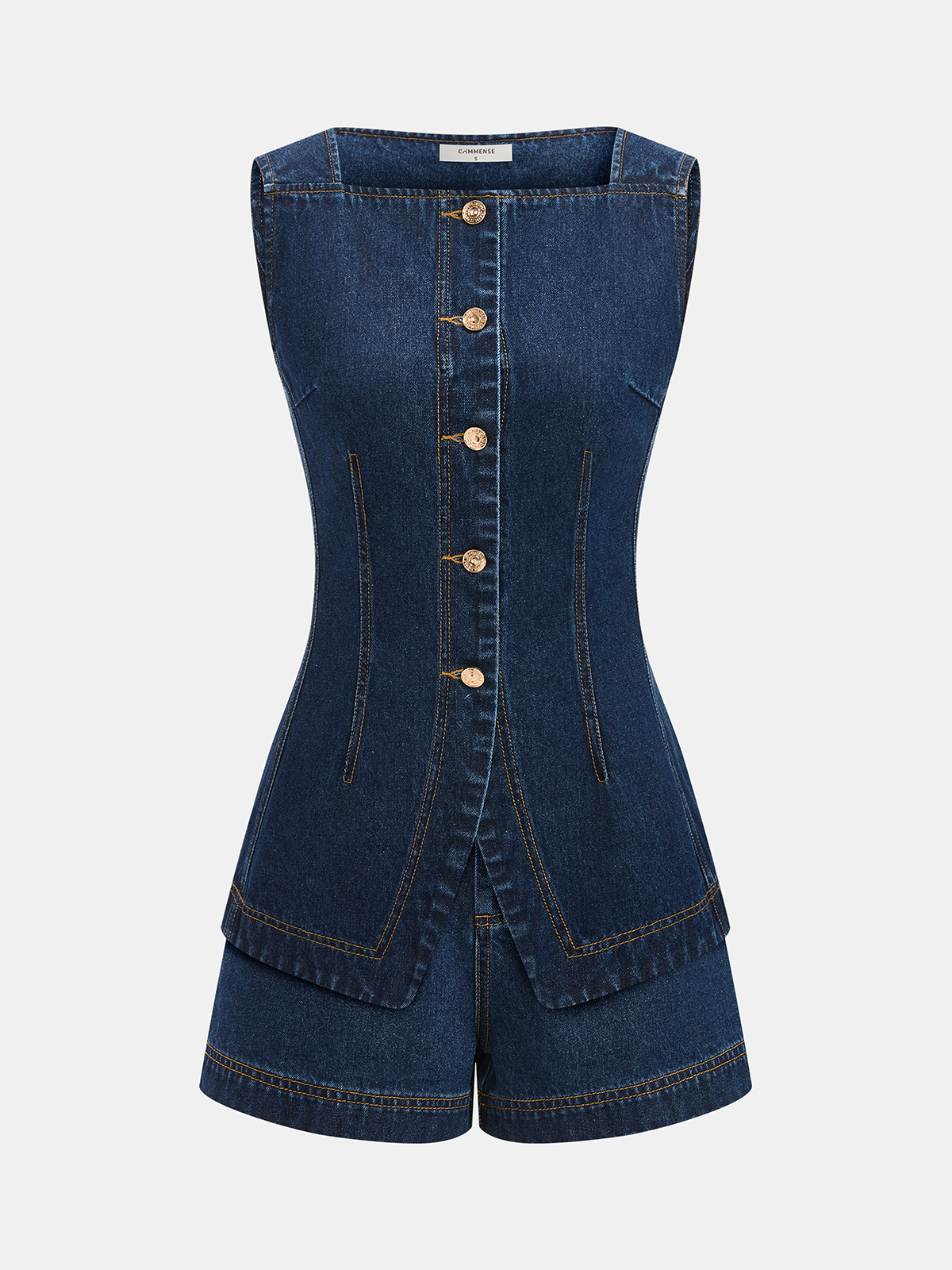 Metal Button Denim Sleeveless Vest & Shorts Set for Summer Casual Wear