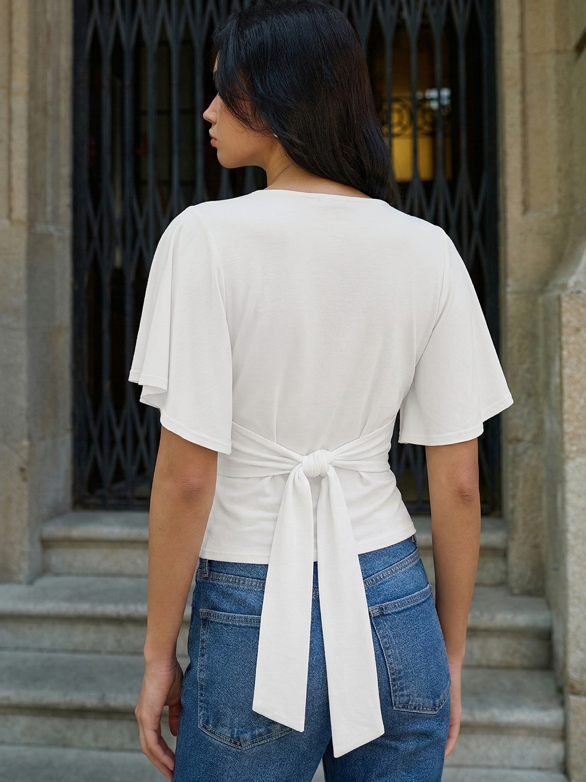 Back Tie Short Sleeve Top Lightweight Casual Summer Blouse