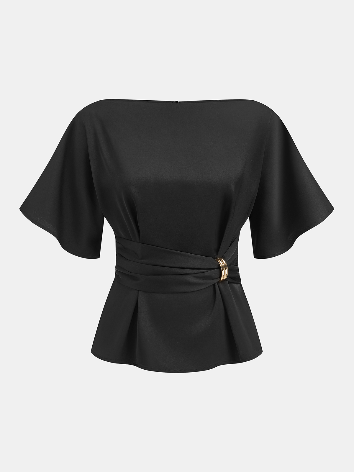 Metal Buckle Boat Neck Cinched Waist Blouse - Elegant Women's Casual Top