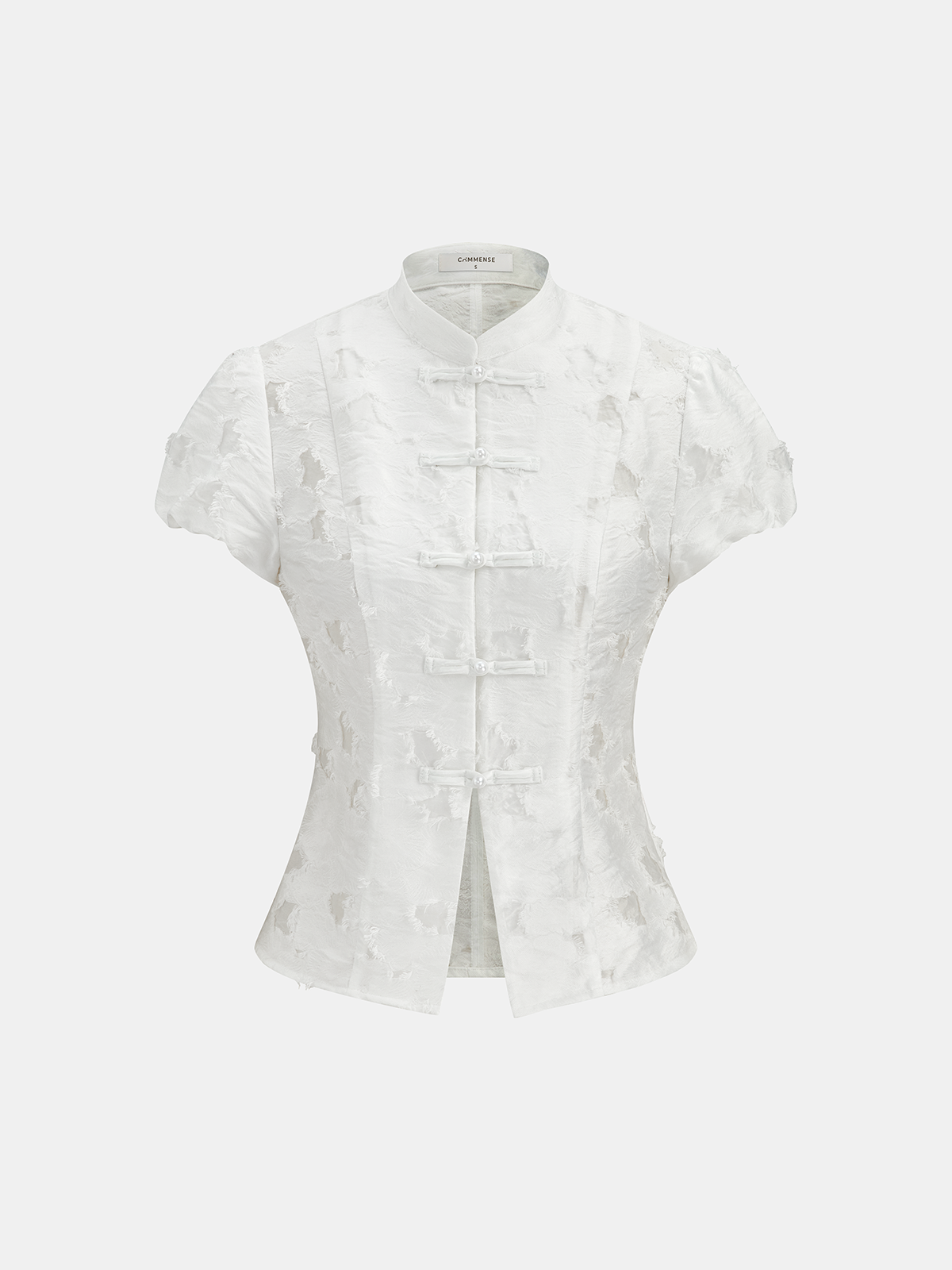 Frog Button Mandarin Collar Textured Blouse for Women Floral Detail