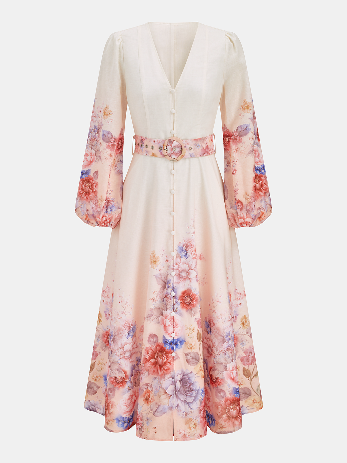 Floral Printed Long Sleeve Belted Maxi Dress for Women with Elegant Design