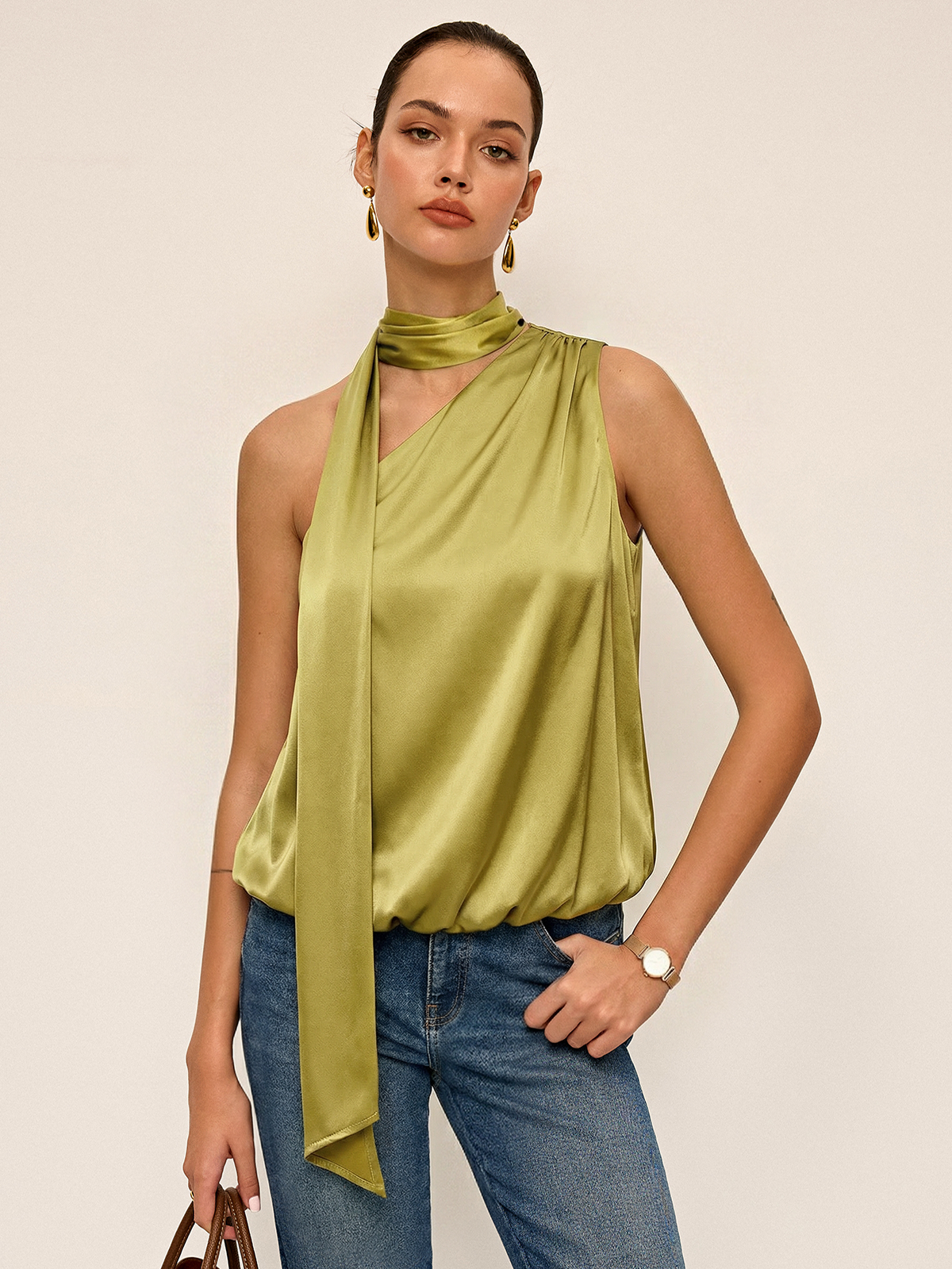 Tie-Neck One-Shoulder Satin Top Elegant Formal Evening Wear