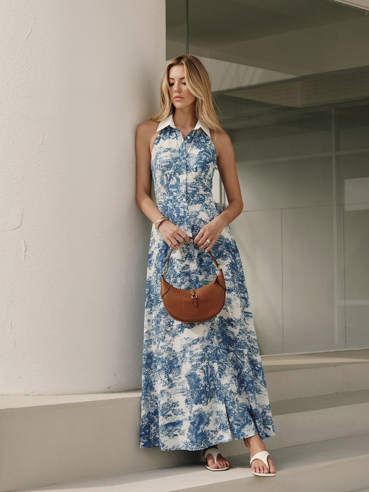 Toile Print Buttoned Collared Maxi Dress with Side Pockets and Belt