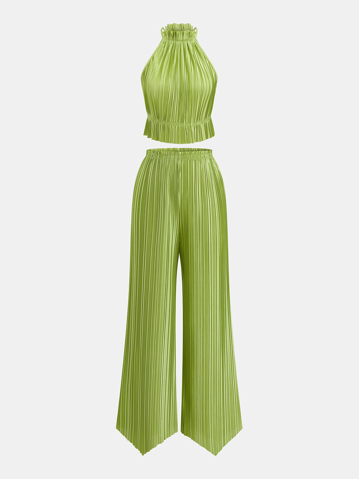 Pleated Halter Crop Top & High Waist Pants Set for Women