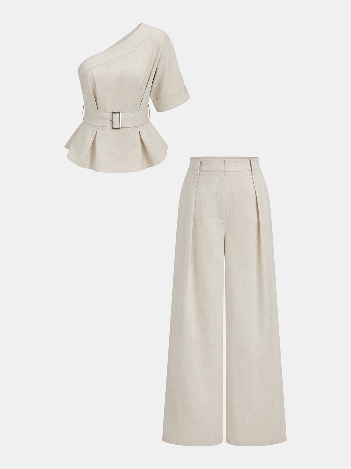 Cotton Linen One Shoulder Belted Top & Pants Set for Women Summer Casual