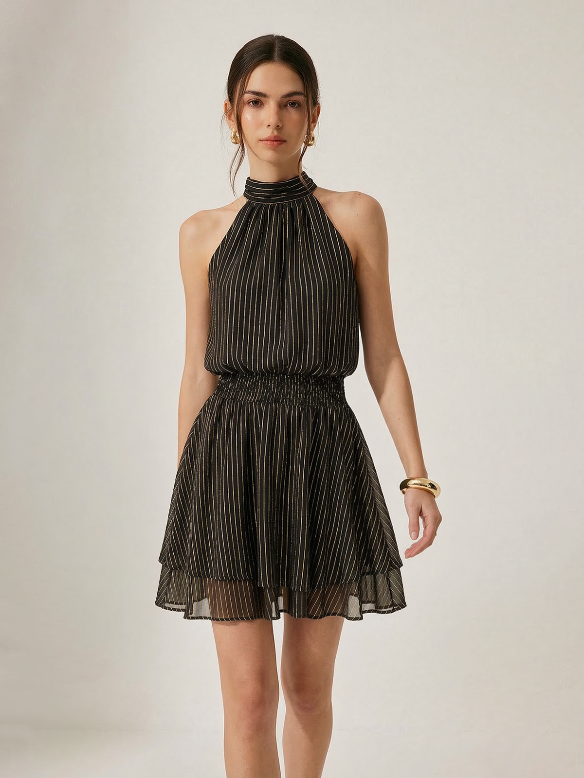 Halter Striped Smocked Layered Mini Dress for Women, Summer Casual Outfit