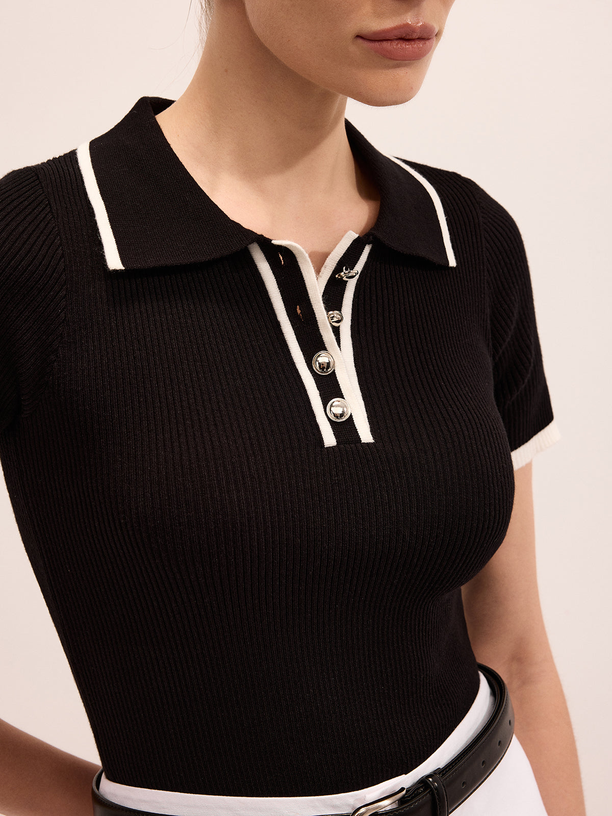 Ribbed Knit Short Sleeve Polo Top Comfort Fit Everyday Wear